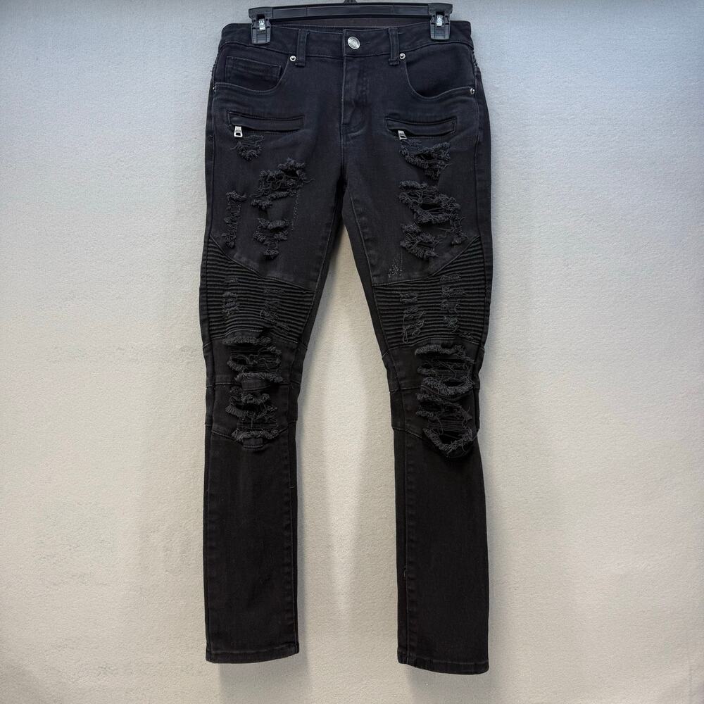 CJ Black Premium Women's Jeans 28/30 Black Skinny Flex Moto Style Heavy Distress